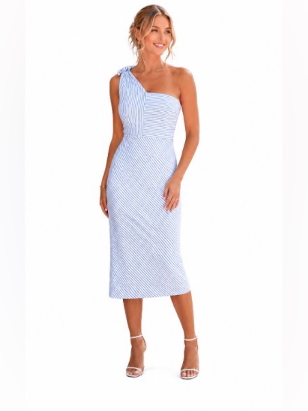 Banana Republic One-Shoulder Blue and White Striped Midi Dress
